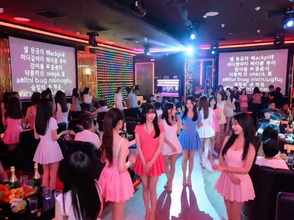 韓式 KTV 冰冷的藍紫色霓虹走廊