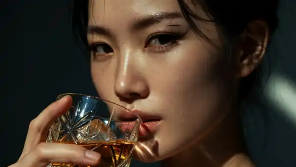 女孩精緻修飾過的側臉與冰冷的威士忌杯
