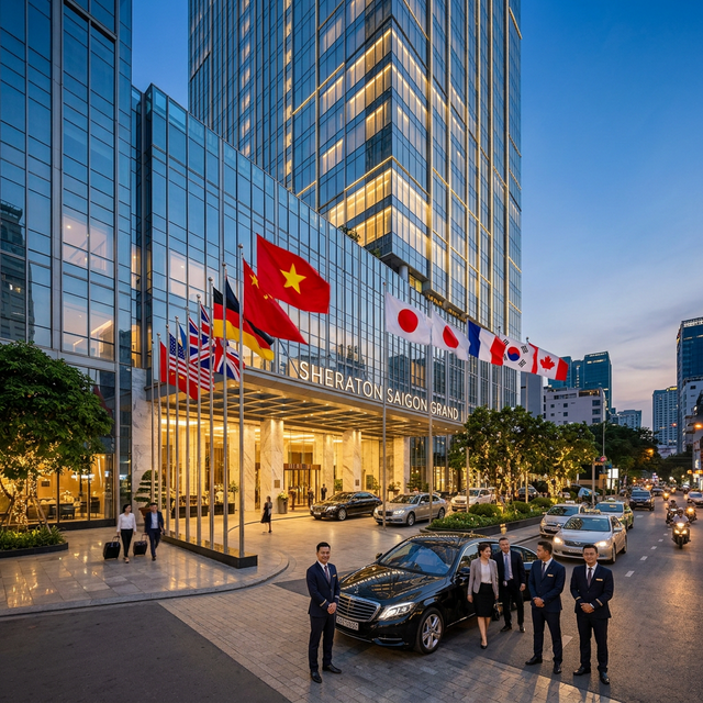位於胡志明市一郡核心地段的喜來登酒店(Sheraton Saigon)現代化高樓外觀，展現繁華都市感，寫實攝影風格
